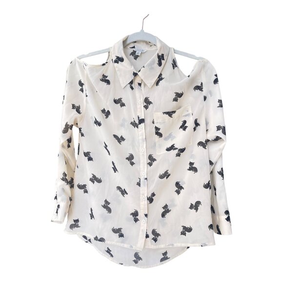 I love H81 Tops - I love H81 Kitten Print blouse Women's Size S/P cream & black cat button down